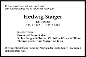 Traueranzeige von Hedwig Staiger von Stuttgarter Zeitung / Stuttgarter Nachrichten