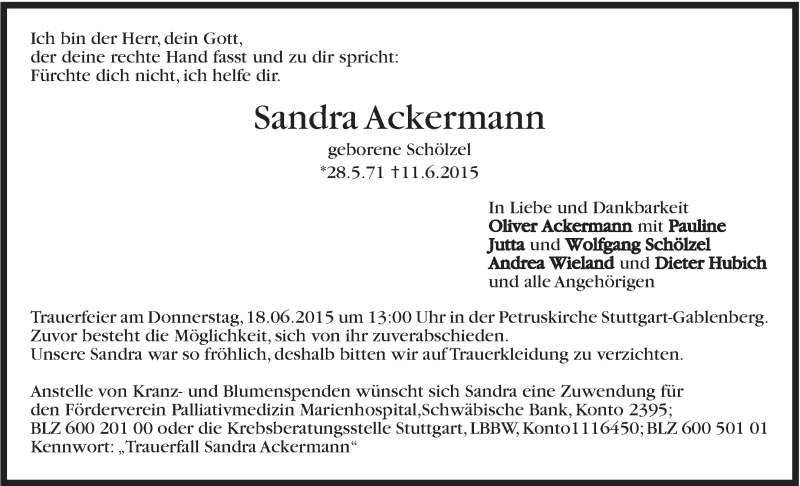  Traueranzeige für Sandra Ackermann vom 15.06.2015 aus Stuttgarter Zeitung / Stuttgarter Nachrichten