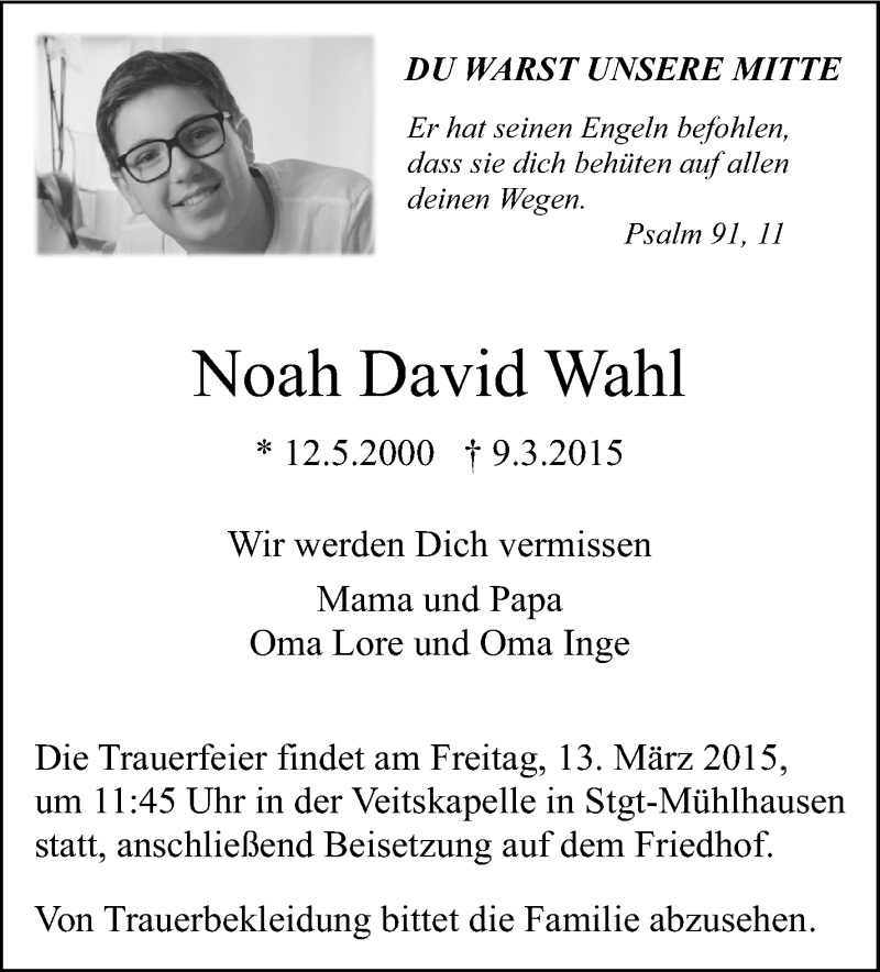  Traueranzeige für Noah David Wahl vom 11.03.2015 aus Stuttgarter Zeitung / Stuttgarter Nachrichten