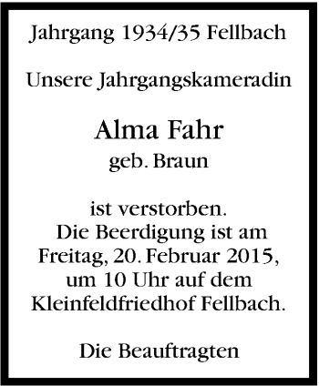 Traueranzeige von Alma Fahr von Stuttgarter Zeitung / Stuttgarter Nachrichten