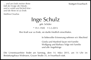 Traueranzeige von Inge Schulz von Stuttgarter Zeitung / Stuttgarter Nachrichten