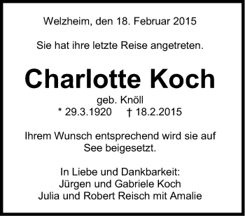 Traueranzeige von Charlotte Koch von Stuttgarter Zeitung / Stuttgarter Nachrichten
