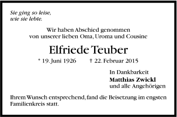 Traueranzeige von Elfriede Teuber von Stuttgarter Zeitung / Stuttgarter Nachrichten