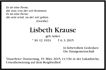 Traueranzeige von Lisbeth Krause von Stuttgarter Zeitung / Stuttgarter Nachrichten