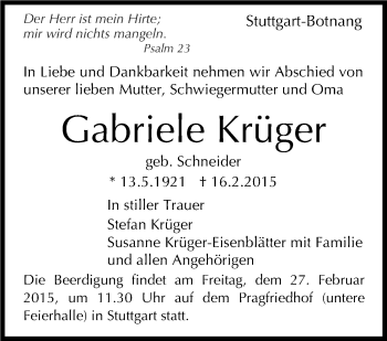 Traueranzeige von Gabriele Krüger von Stuttgarter Zeitung / Stuttgarter Nachrichten