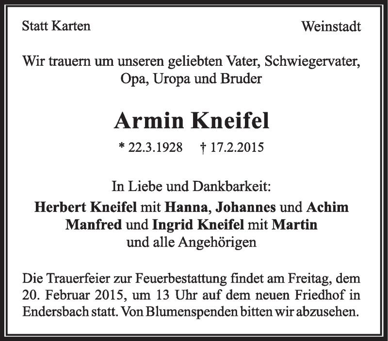  Traueranzeige für Armin Kneifel vom 19.02.2015 aus Stuttgarter Zeitung / Stuttgarter Nachrichten
