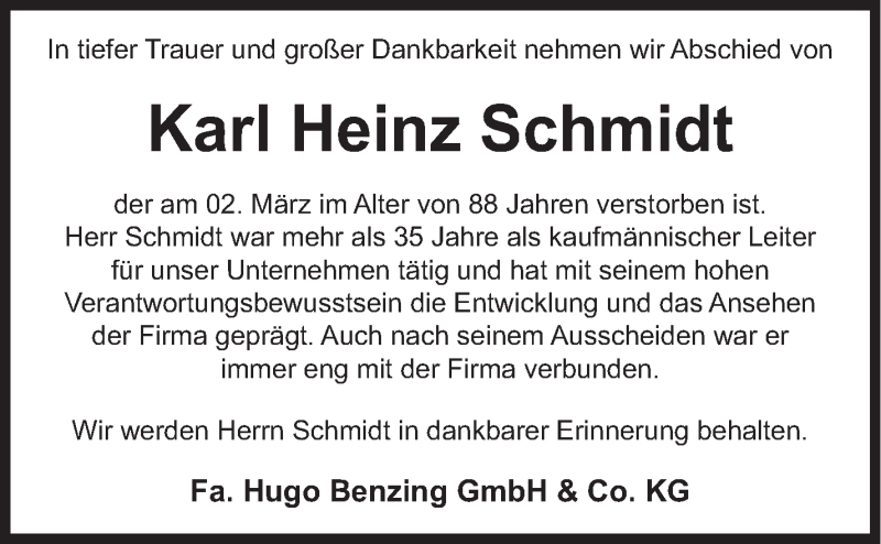  Traueranzeige für Karl Heinz Schmidt vom 11.03.2015 aus Stuttgarter Zeitung / Stuttgarter Nachrichten