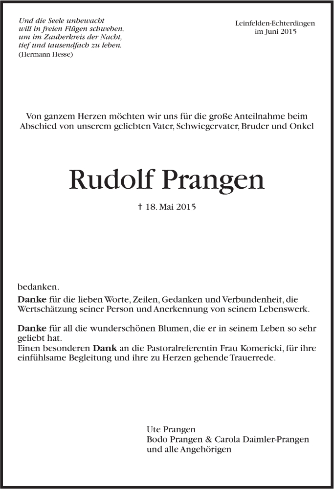  Traueranzeige für Rudolf Prangen vom 13.06.2015 aus Stuttgarter Zeitung / Stuttgarter Nachrichten