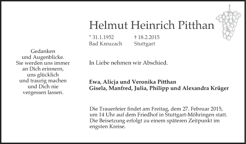  Traueranzeige für Helmut Heinrich Pitthan vom 24.02.2015 aus Stuttgarter Zeitung / Stuttgarter Nachrichten