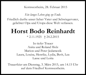 Traueranzeige von Horst Bodo Reinhardt von Stuttgarter Zeitung / Stuttgarter Nachrichten