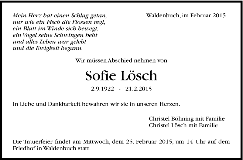  Traueranzeige für Sofie Lösch vom 24.02.2015 aus Stuttgarter Zeitung / Stuttgarter Nachrichten