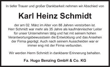 Traueranzeige von Karl Heinz Schmidt von Stuttgarter Zeitung / Stuttgarter Nachrichten