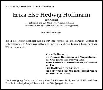 Traueranzeige von Erika Else Hedwig Hoffmann von Stuttgarter Zeitung / Stuttgarter Nachrichten