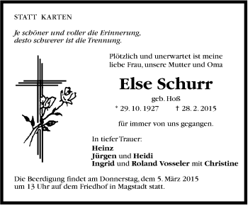 Traueranzeige von Else Schurr von Stuttgarter Zeitung / Stuttgarter Nachrichten