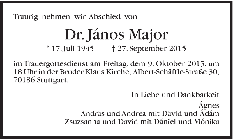  Traueranzeige für János Major vom 02.10.2015 aus Stuttgarter Zeitung / Stuttgarter Nachrichten