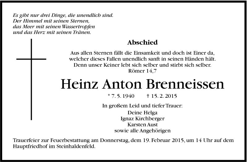  Traueranzeige für Heinz Anton Brenneissen vom 17.02.2015 aus Stuttgarter Zeitung / Stuttgarter Nachrichten