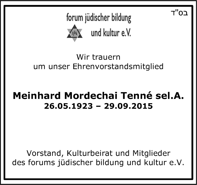  Traueranzeige für Meinhard Mordechai  Tenné vom 01.10.2015 aus Stuttgarter Zeitung / Stuttgarter Nachrichten