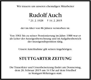 Traueranzeige von Rudolf Auch von Stuttgarter Zeitung / Stuttgarter Nachrichten