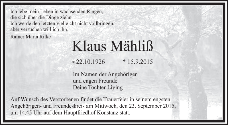  Traueranzeige für Klaus Mähliß vom 21.09.2015 aus Stuttgarter Zeitung / Stuttgarter Nachrichten