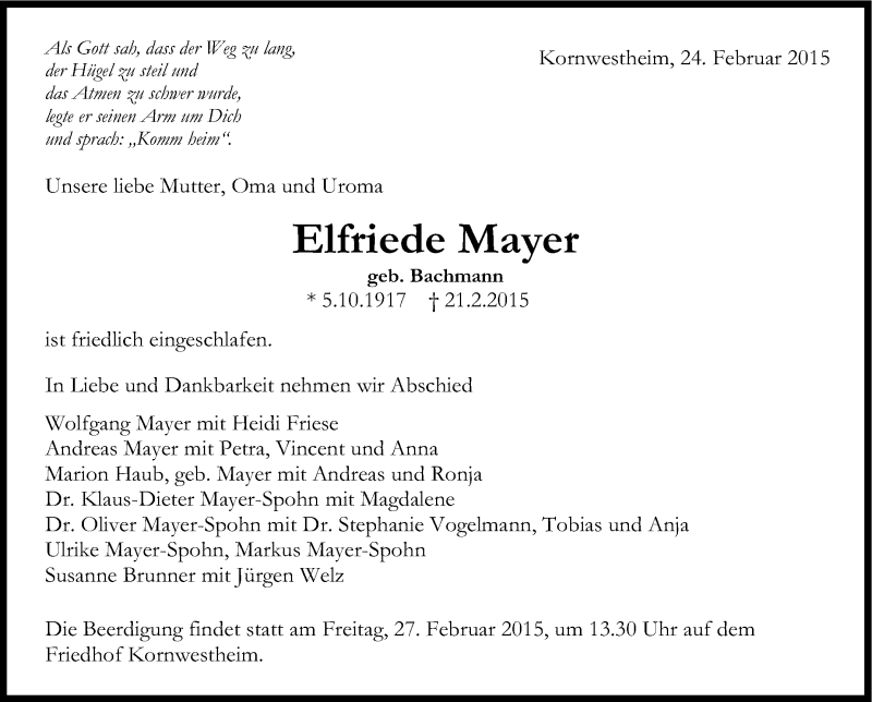  Traueranzeige für Elfriede Mayer vom 24.02.2015 aus Stuttgarter Zeitung / Stuttgarter Nachrichten