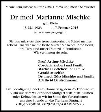 Traueranzeige von Marianne Mischke von Stuttgarter Zeitung / Stuttgarter Nachrichten