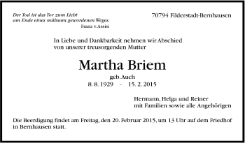 Traueranzeige von Martha Briem von Stuttgarter Zeitung / Stuttgarter Nachrichten