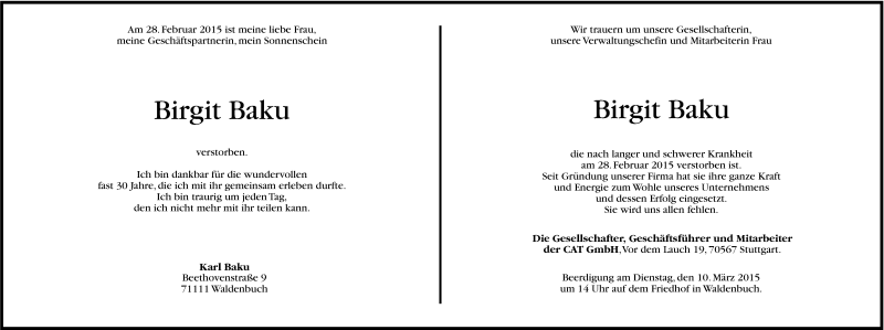  Traueranzeige für Birgit Baku vom 07.03.2015 aus Stuttgarter Zeitung / Stuttgarter Nachrichten
