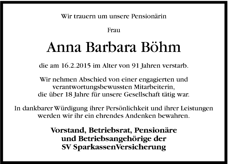  Traueranzeige für Anna Barbara Böhm vom 21.02.2015 aus Stuttgarter Zeitung / Stuttgarter Nachrichten