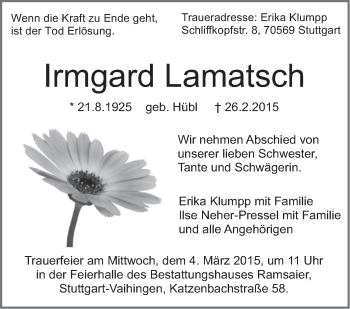 Traueranzeige von Irmgard Lamatsch von Stuttgarter Zeitung / Stuttgarter Nachrichten