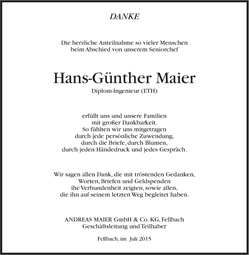  Traueranzeige für Hans-Günther Maier vom 31.07.2015 aus Stuttgarter Zeitung / Stuttgarter Nachrichten