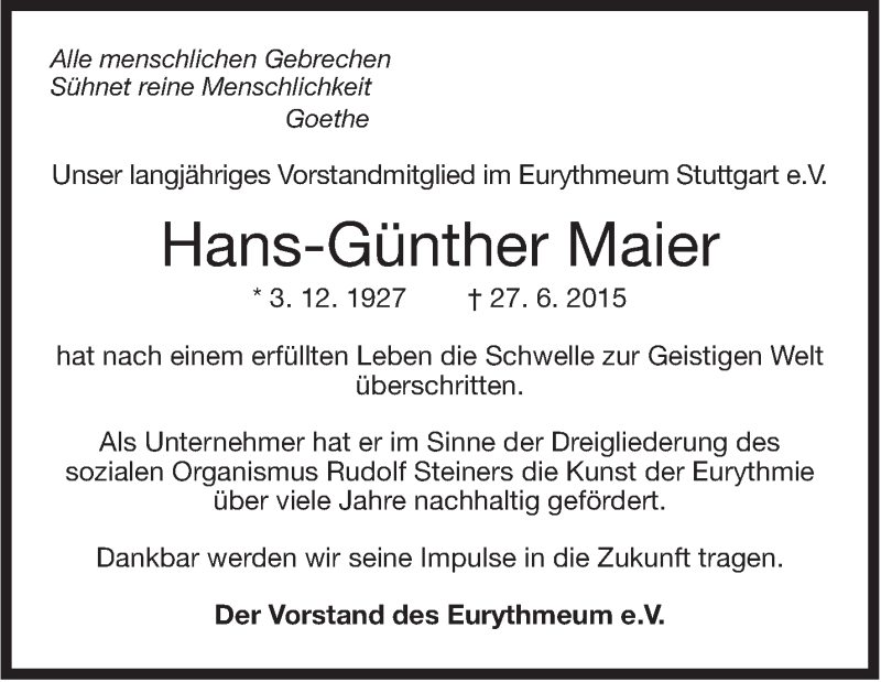  Traueranzeige für Hans-Günther Maier vom 30.06.2015 aus Stuttgarter Zeitung / Stuttgarter Nachrichten