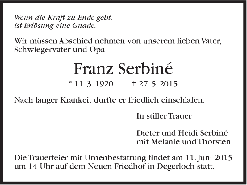  Traueranzeige für Franz Serbiné vom 08.06.2015 aus Stuttgarter Zeitung / Stuttgarter Nachrichten