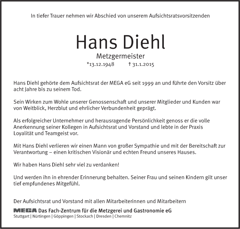  Traueranzeige für Hans Diehl vom 06.02.2015 aus Stuttgarter Zeitung / Stuttgarter Nachrichten