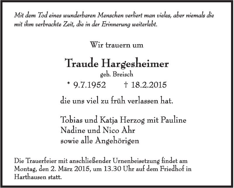  Traueranzeige für Traude Hargesheimer vom 24.02.2015 aus Stuttgarter Zeitung / Stuttgarter Nachrichten