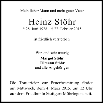 Traueranzeige von Heinz Stöhr von Stuttgarter Zeitung / Stuttgarter Nachrichten