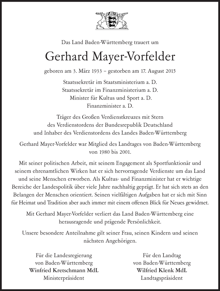  Traueranzeige für Gerhard Mayer-Vorfelder vom 20.08.2015 aus Stuttgarter Zeitung / Stuttgarter Nachrichten