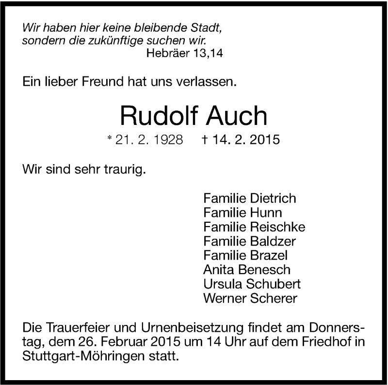  Traueranzeige für Rudolf Auch vom 23.02.2015 aus Stuttgarter Zeitung / Stuttgarter Nachrichten