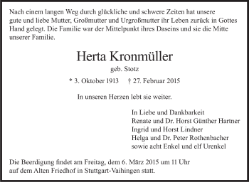 Traueranzeige von Herta Kronmüller von Stuttgarter Zeitung / Stuttgarter Nachrichten