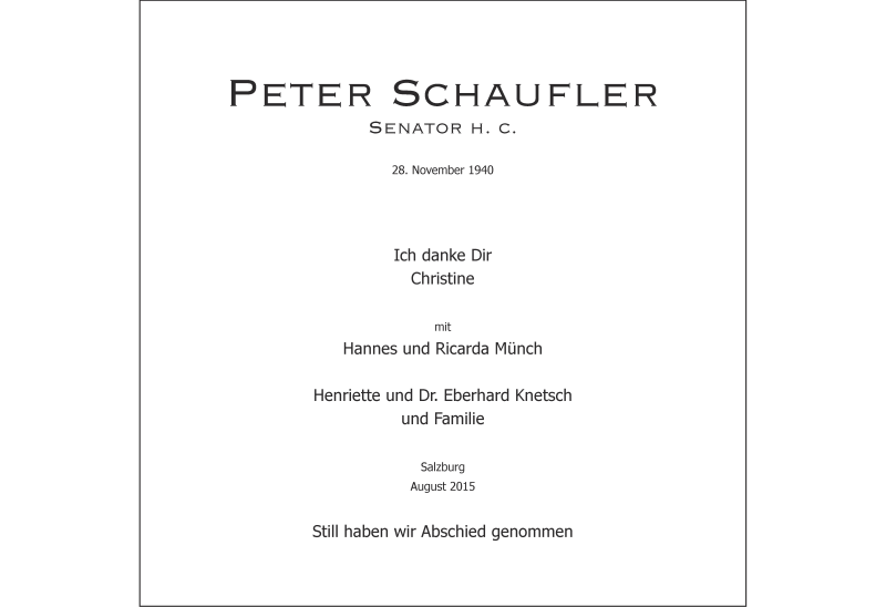  Traueranzeige für Peter Schaufler vom 19.08.2015 aus Stuttgarter Zeitung / Stuttgarter Nachrichten