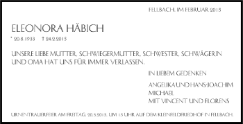Traueranzeige von Eleonora Häbich von Stuttgarter Zeitung / Stuttgarter Nachrichten
