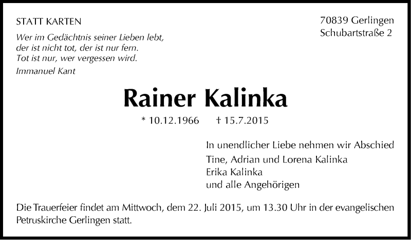 Traueranzeige für Rainer Kalinka vom 18.07.2015 aus Stuttgarter Zeitung / Stuttgarter Nachrichten