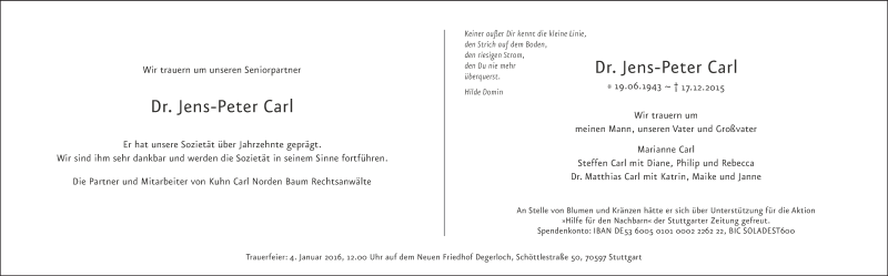 Traueranzeige für Jens-Peter Carl vom 28.12.2015 aus Stuttgarter Zeitung / Stuttgarter Nachrichten
