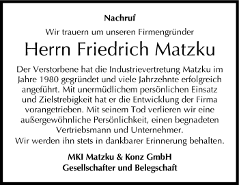 Traueranzeige von Friedrich Matzku von Stuttgarter Zeitung / Stuttgarter Nachrichten