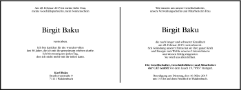 Traueranzeige von Birgit Baku von Stuttgarter Zeitung / Stuttgarter Nachrichten