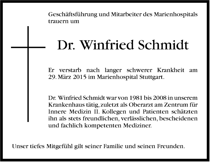  Traueranzeige für Winfried Schmidt vom 02.04.2015 aus Stuttgarter Zeitung / Stuttgarter Nachrichten