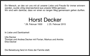 Traueranzeige von Horst Decker von Stuttgarter Zeitung / Stuttgarter Nachrichten