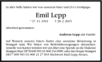 Traueranzeige von Emil Lepp von Stuttgarter Zeitung / Stuttgarter Nachrichten