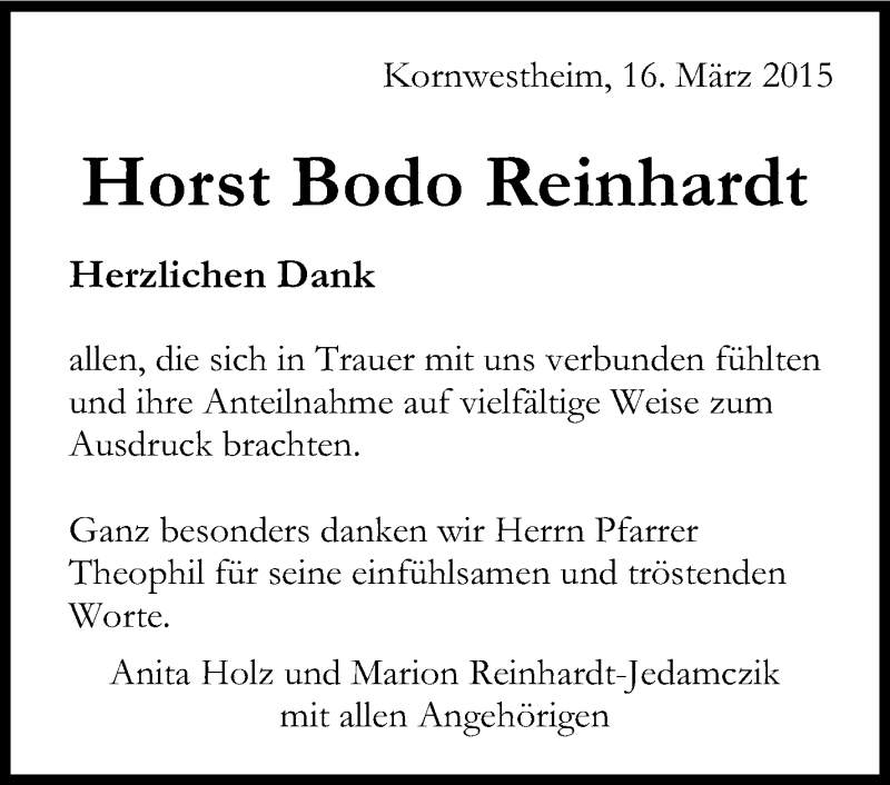  Traueranzeige für Horst Bodo Reinhardt vom 14.03.2015 aus Stuttgarter Zeitung / Stuttgarter Nachrichten