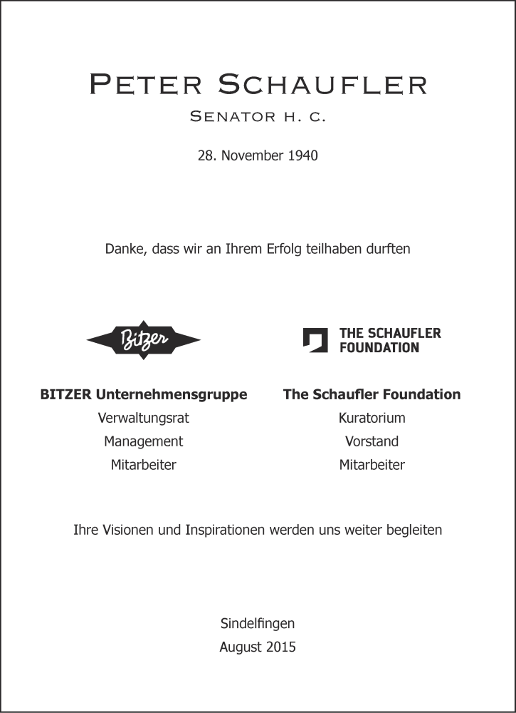  Traueranzeige für Peter Schaufler vom 19.08.2015 aus Stuttgarter Zeitung / Stuttgarter Nachrichten