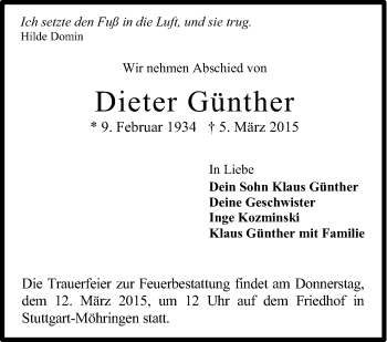 Traueranzeige von Dieter Günther von Stuttgarter Zeitung / Stuttgarter Nachrichten